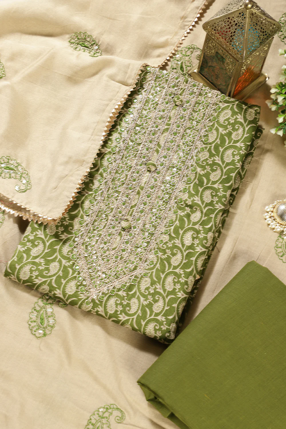 Green Cotton Digital Buta-Printed & Neck Embroidered Unstitched Suit - Image 2