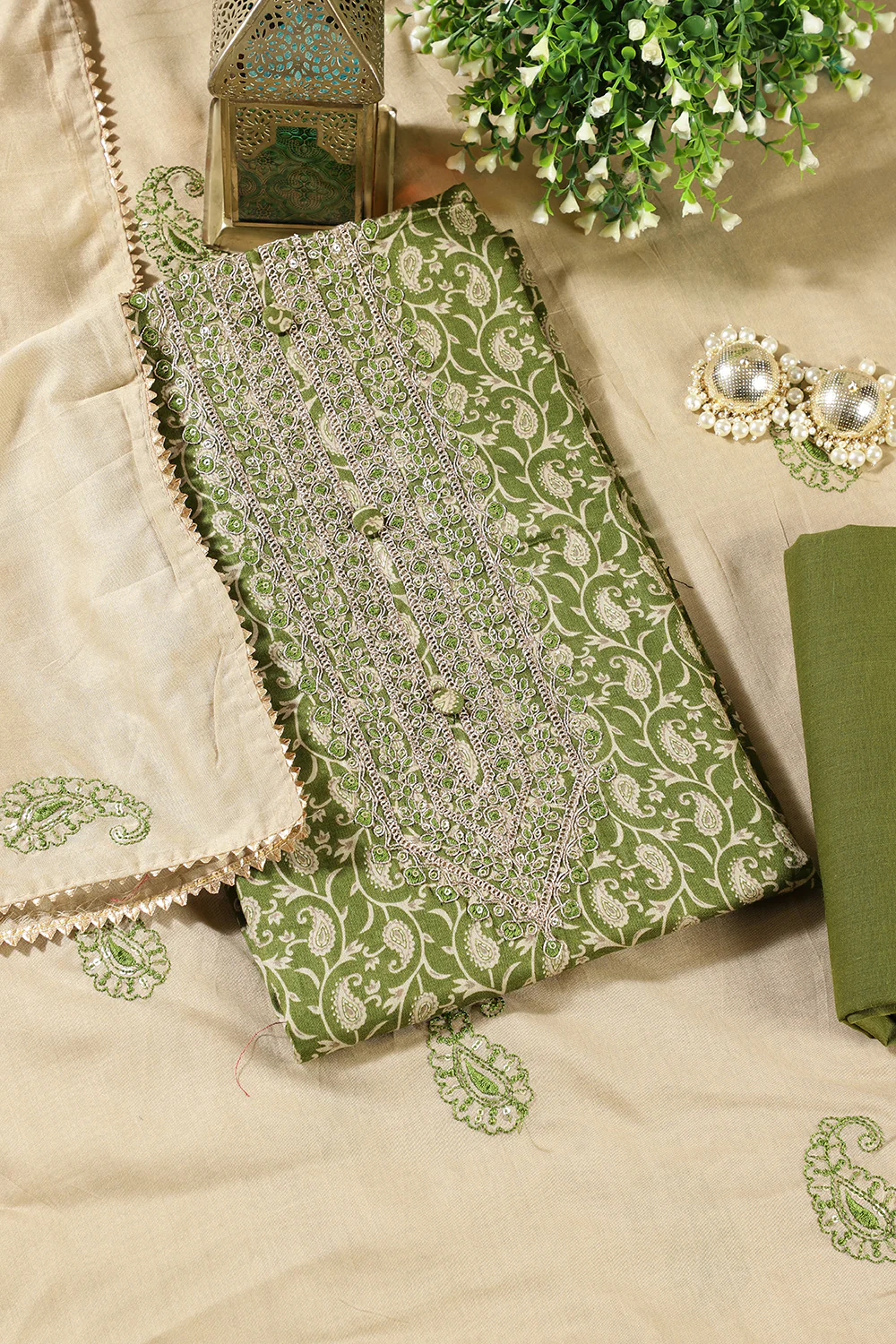 Green Cotton Digital Buta-Printed & Neck Embroidered Unstitched Suit - Image 3