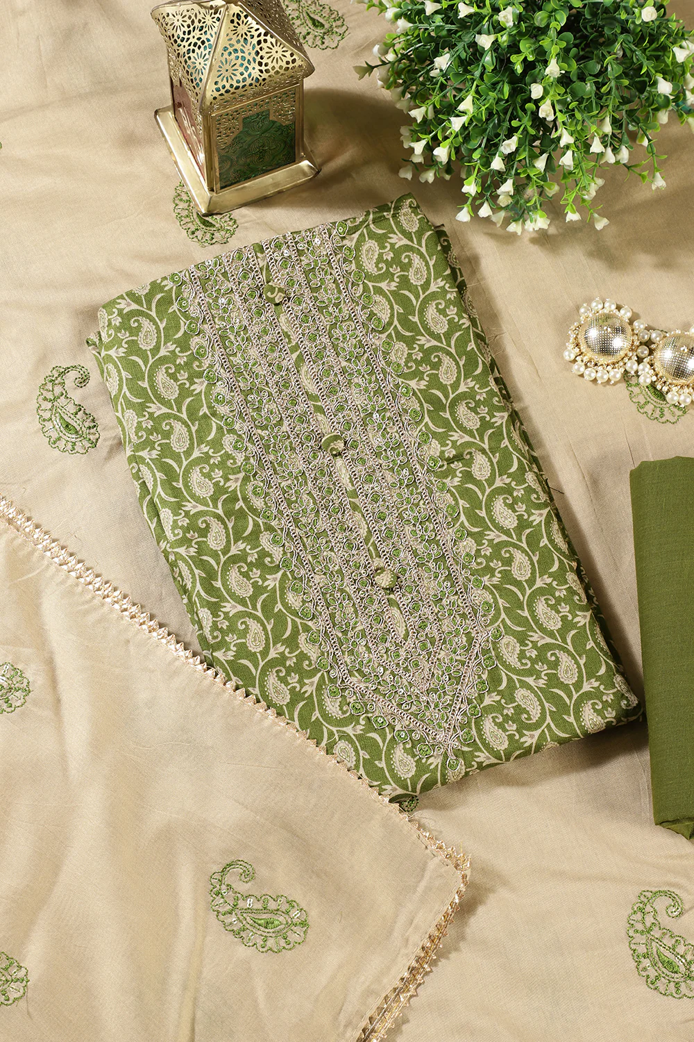Green Cotton Digital Buta-Printed & Neck Embroidered Unstitched Suit - Image 4