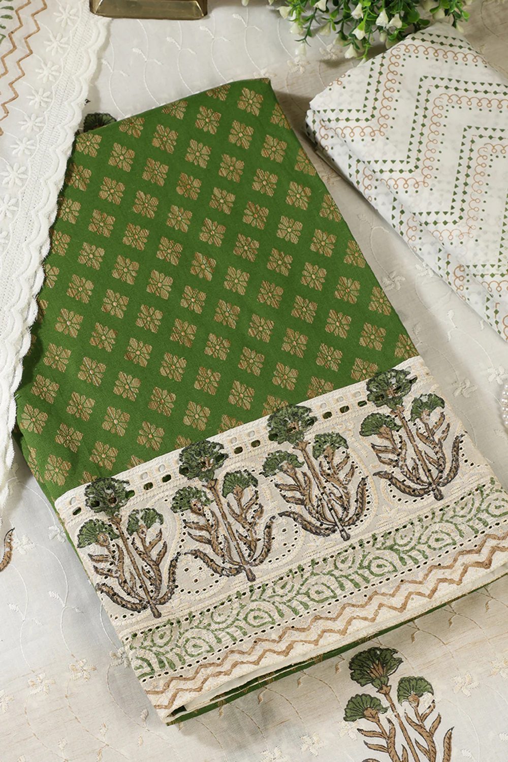 Green Cotton Woven And Lace Work Unstitched Suit Material - Image 3