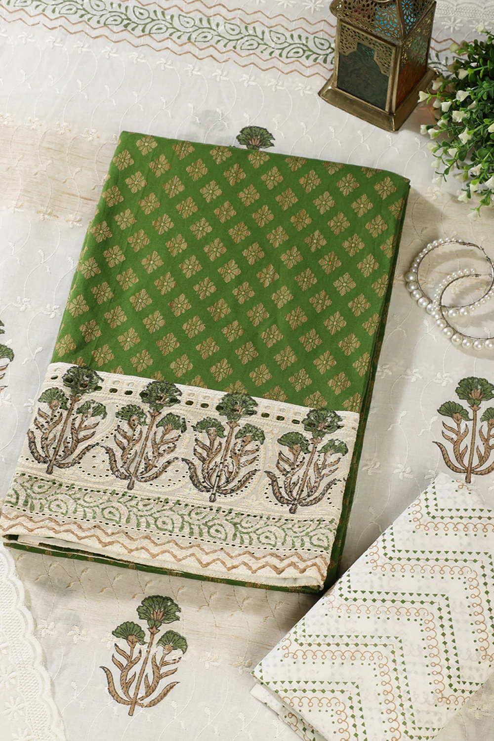 Green Cotton Woven And Lace Work Unstitched Suit Material - Image 4