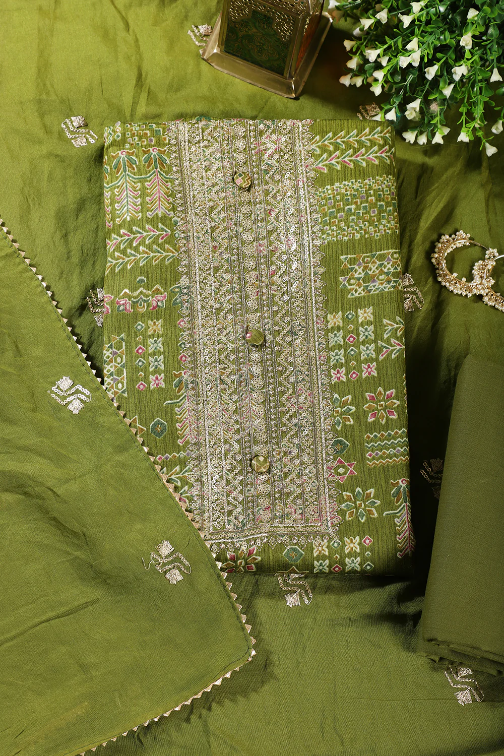 Green Digital Printed & Neck Embroidered Cotton Unstitched Suit - Image 3