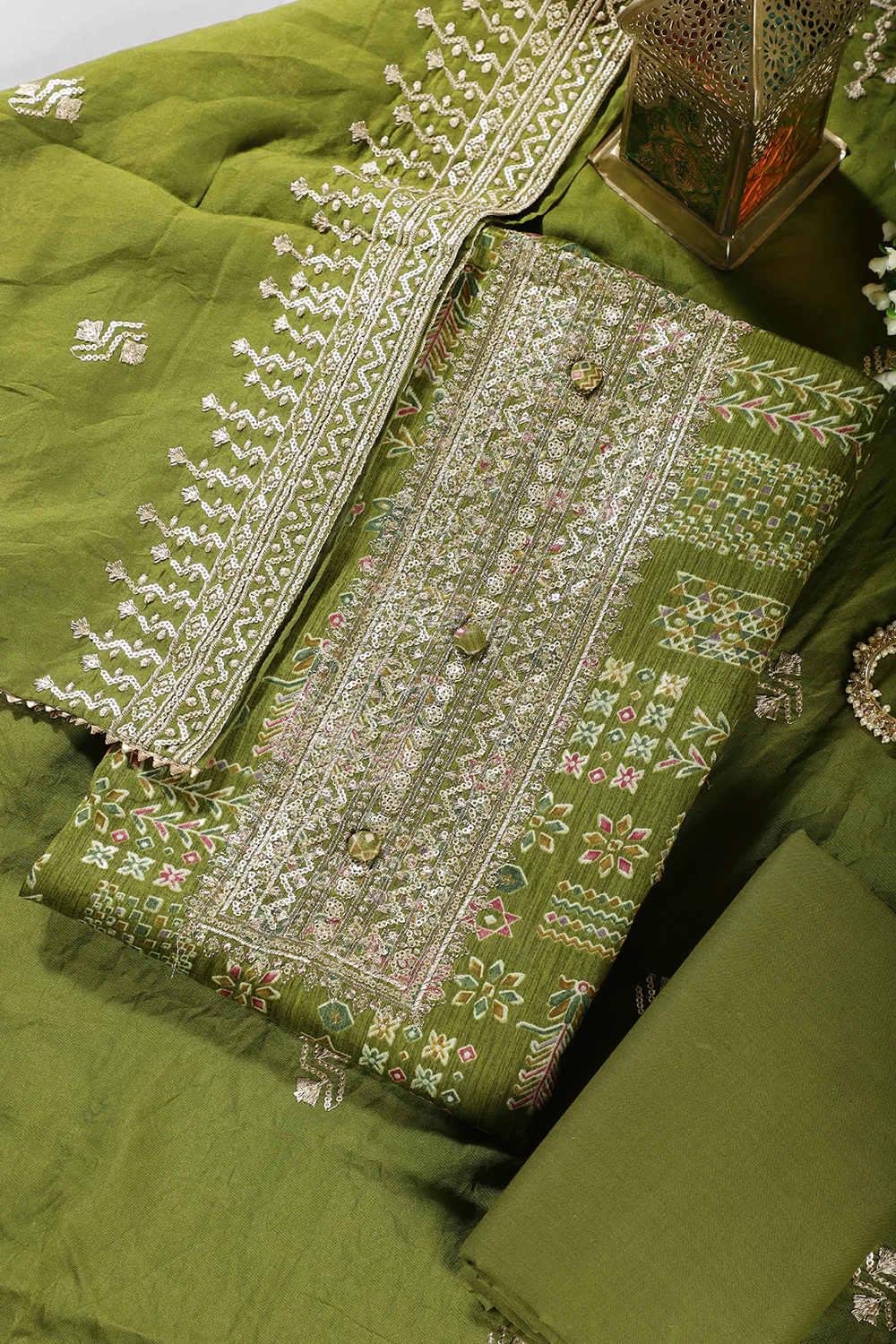 Green Digital Printed & Neck Embroidered Cotton Unstitched Suit - Image 4