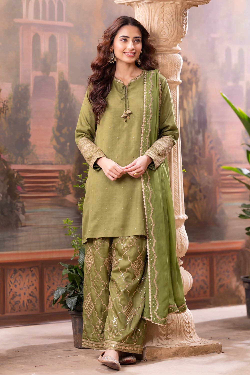Green Embroidered Suits With Embroidered Pallazo - Image 3