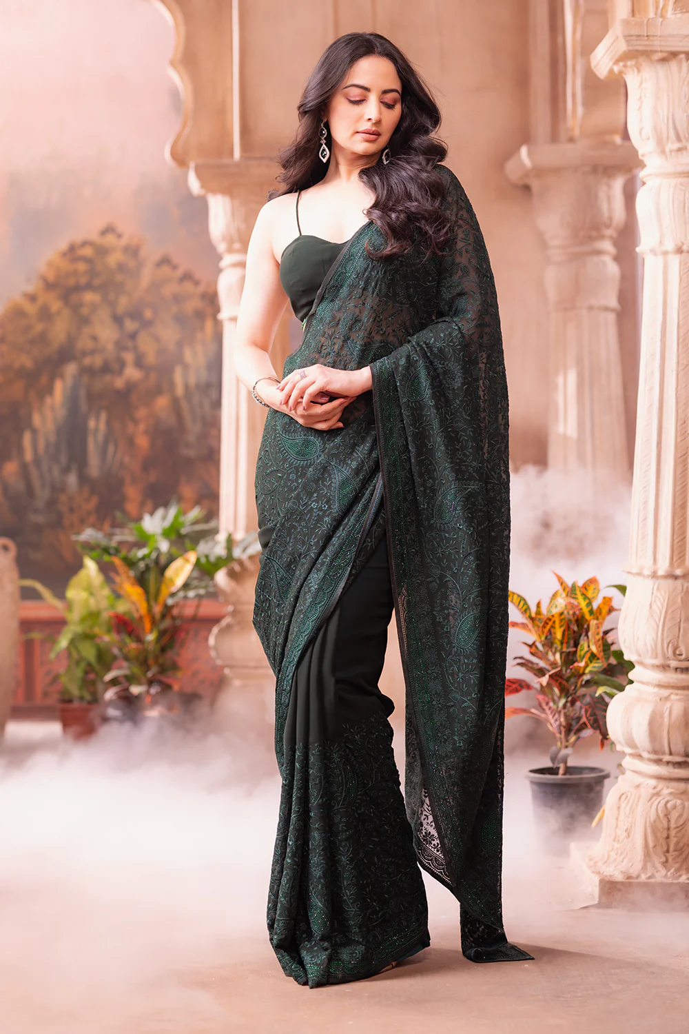 Green Georgette Resham And Swaroski Embroidered Saree - Image 2