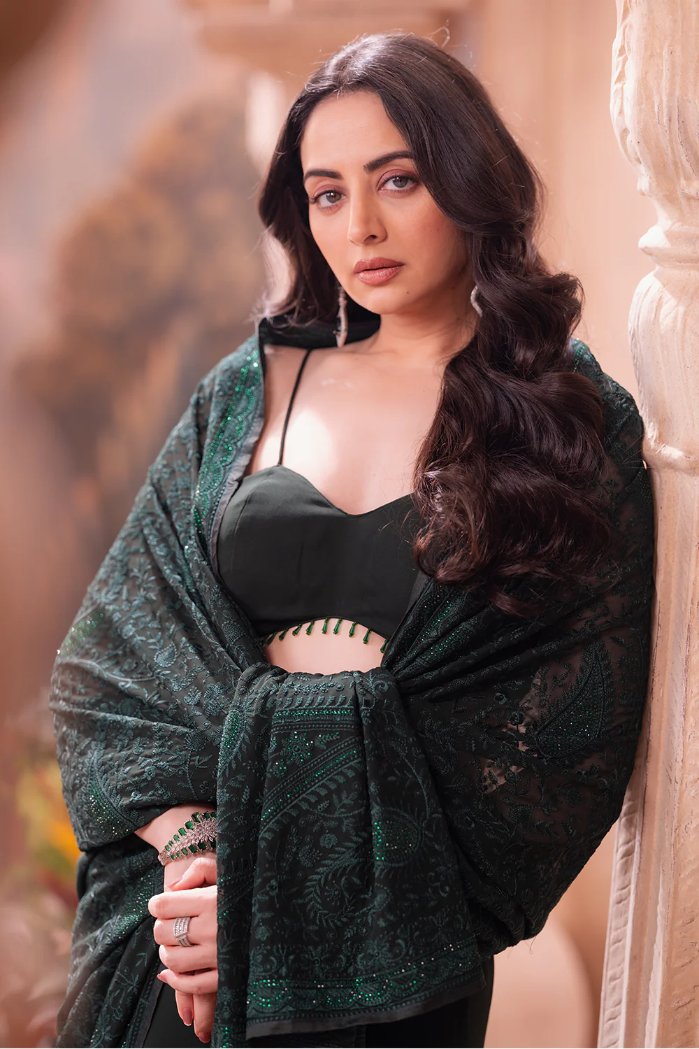 Green Georgette Resham And Swaroski Embroidered Saree - Image 7