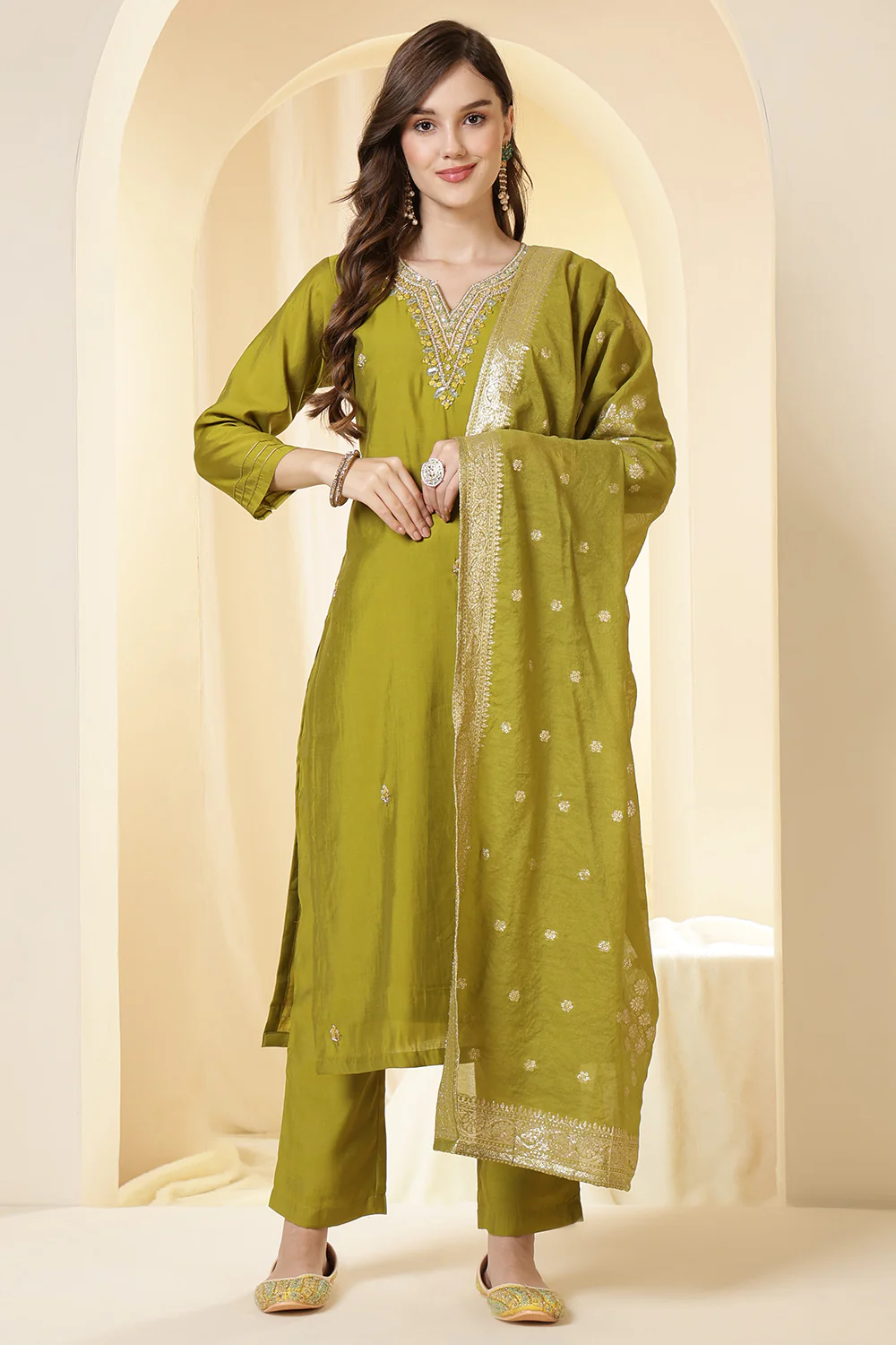 Green Silk Embroidered Suit Set - Image 2