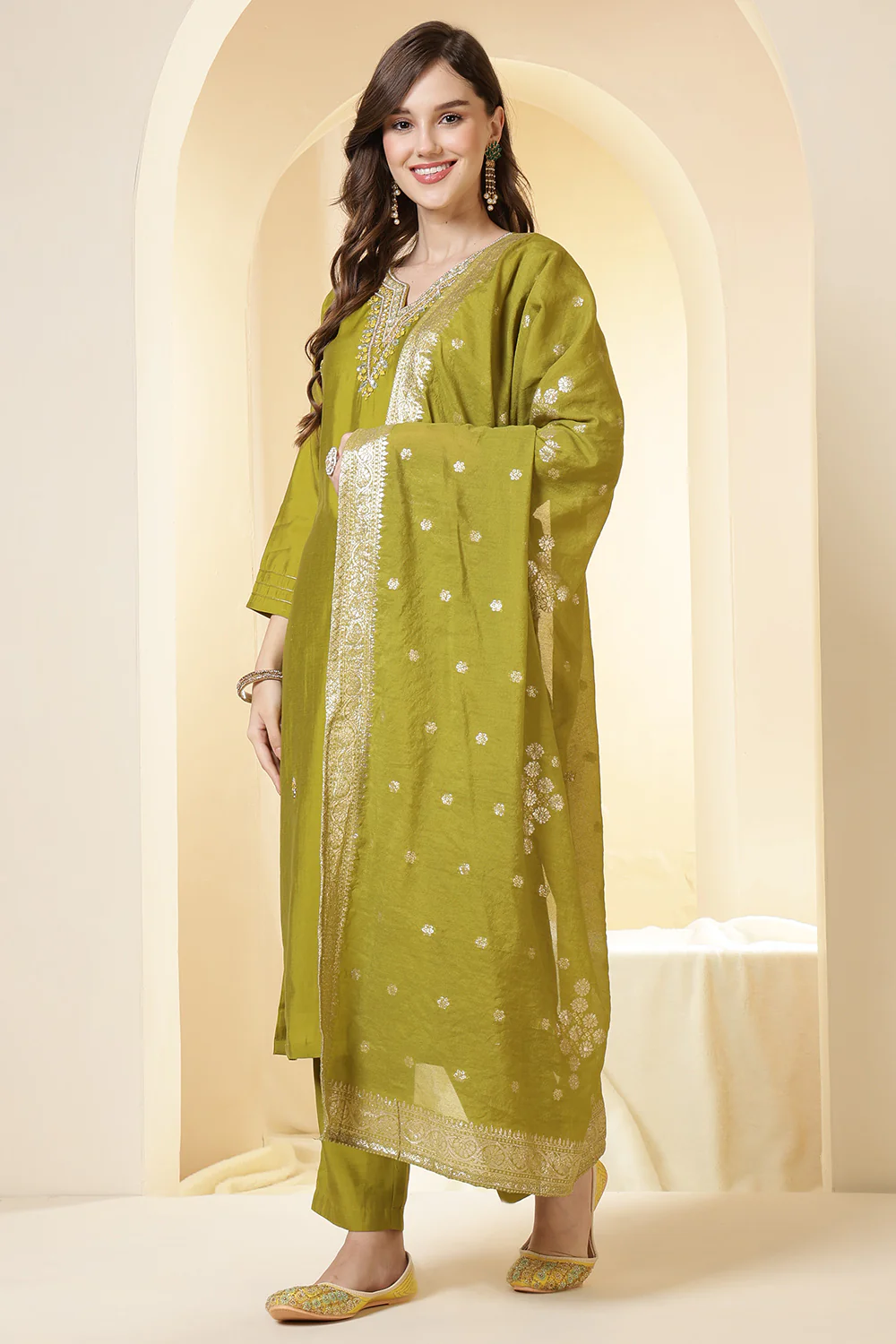 Green Silk Embroidered Suit Set - Image 4