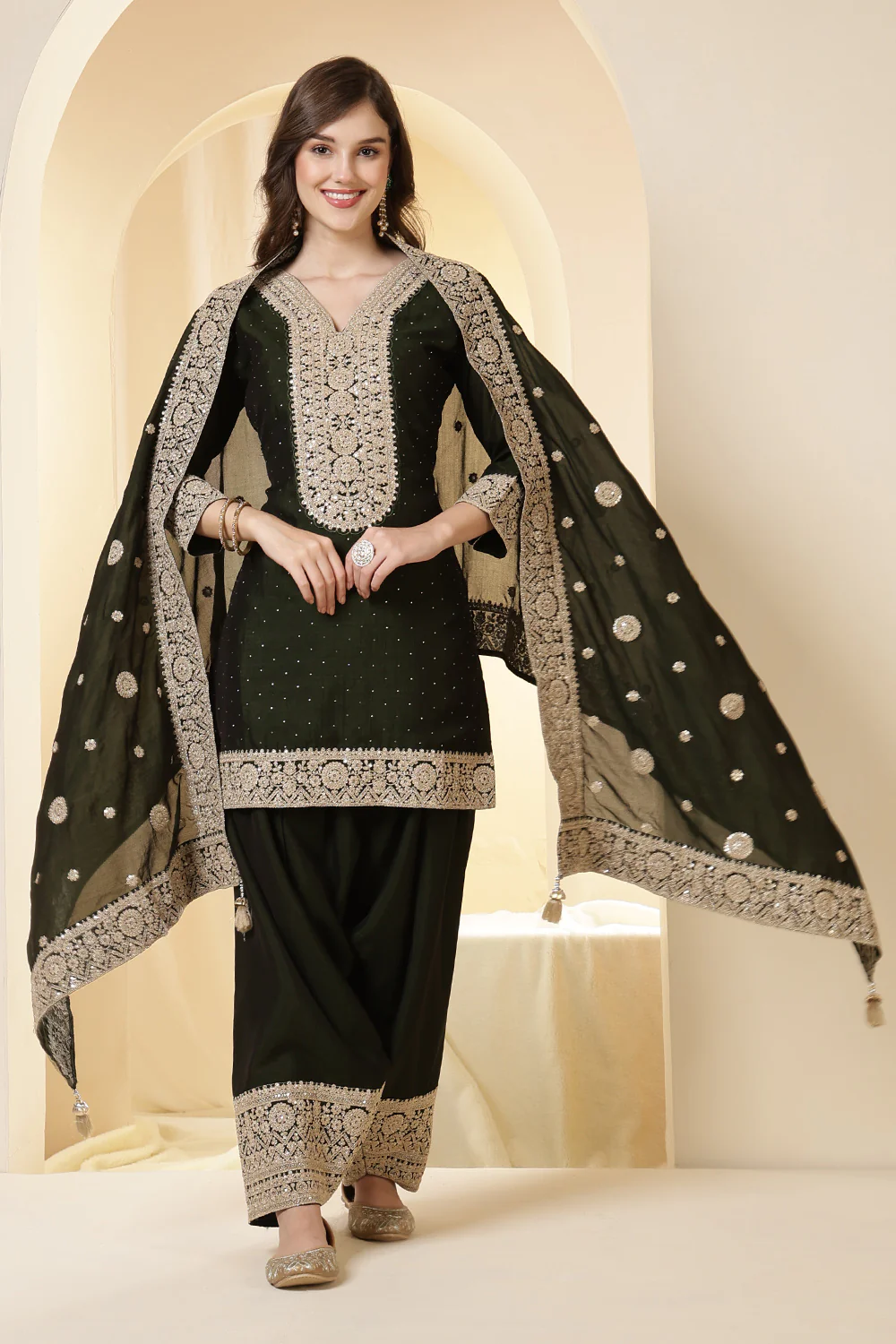 Green Silk Zari Embroidered Suit With Farsi Salwar