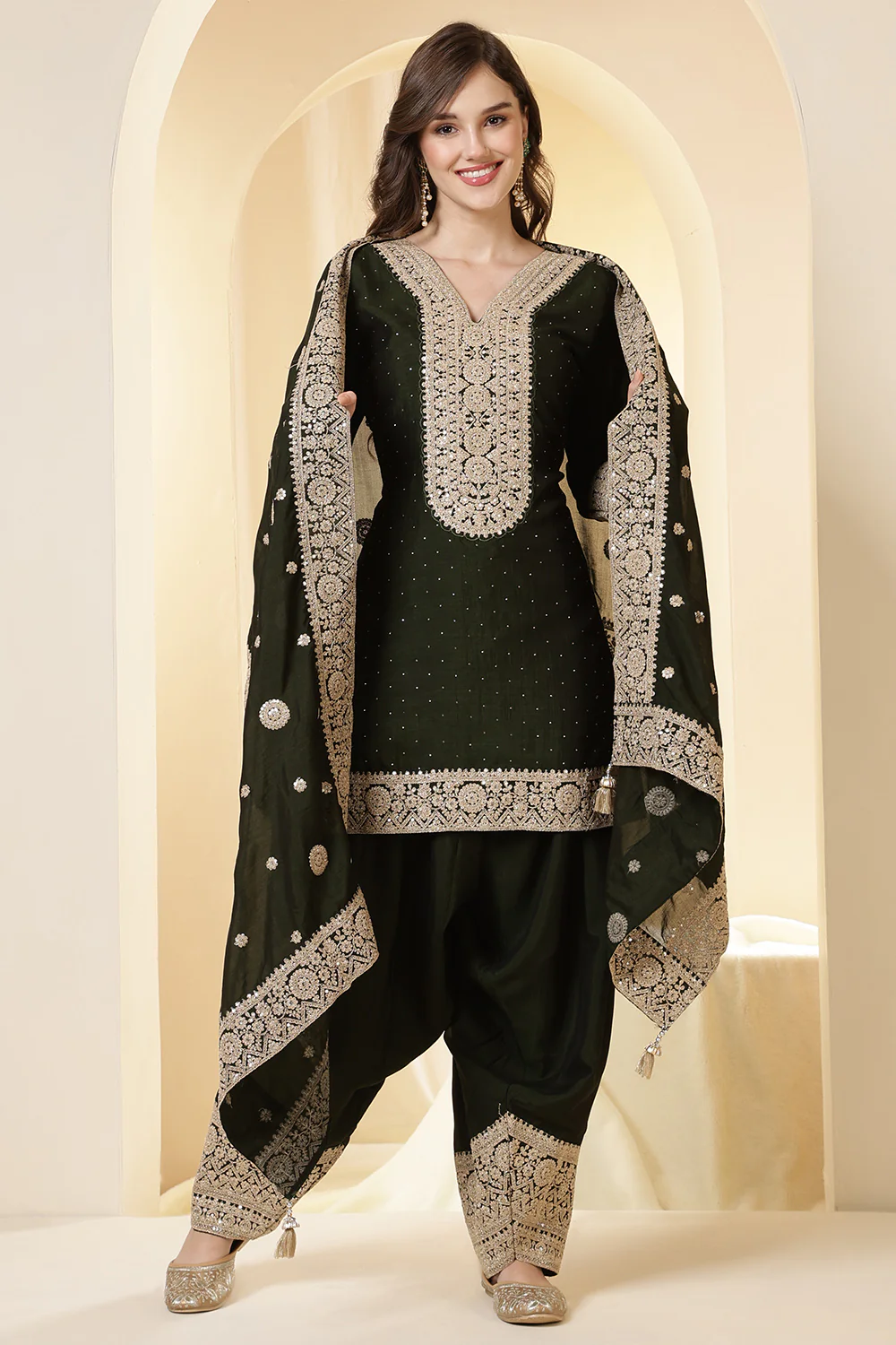 Green Silk Zari Embroidered Suit With Farsi Salwar - Image 2