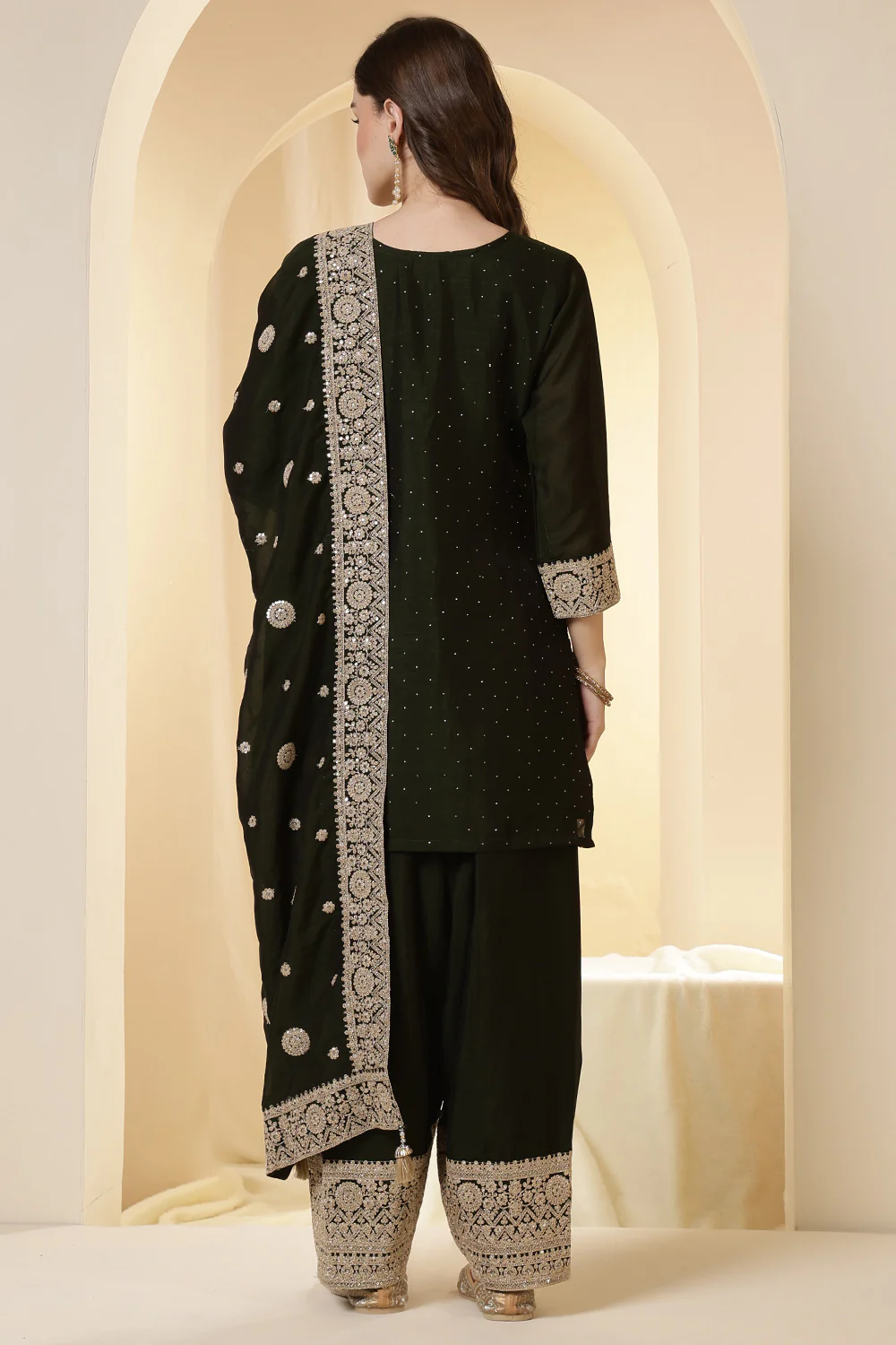 Green Silk Zari Embroidered Suit With Farsi Salwar - Image 3