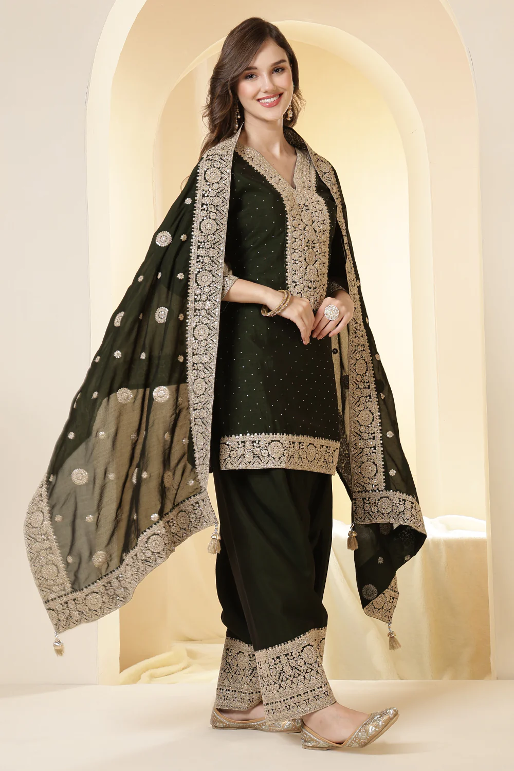 Green Silk Zari Embroidered Suit With Farsi Salwar - Image 6