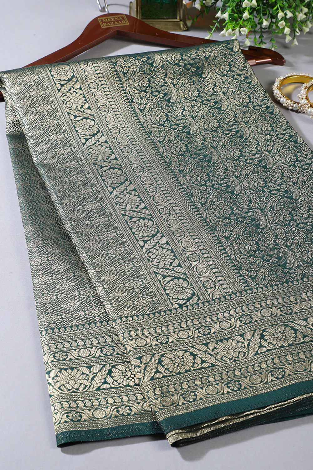 Green South Silk Floral Zaal Woven Saree - Image 7