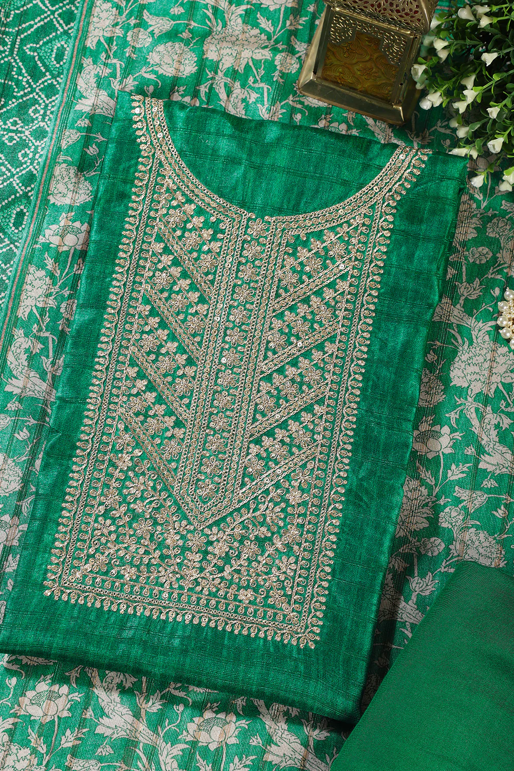 Green Tussar Silk Neck Zari Embroidered Unstitched Suit - Image 2