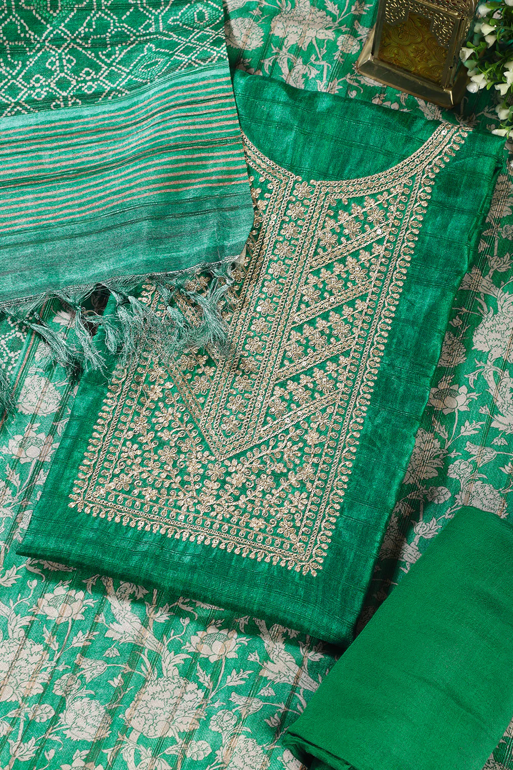 Green Tussar Silk Neck Zari Embroidered Unstitched Suit - Image 4