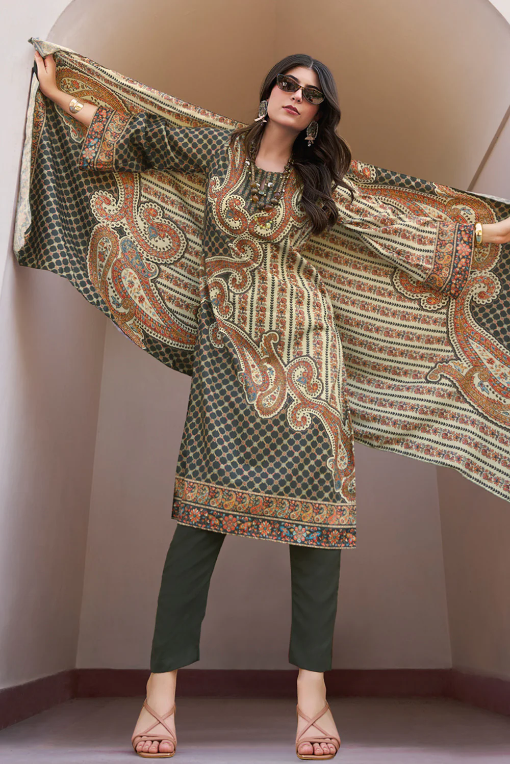 Grey & Beige Spun Mughal-Inspired Paisley Printed Unstitched Suits Material - Image 2
