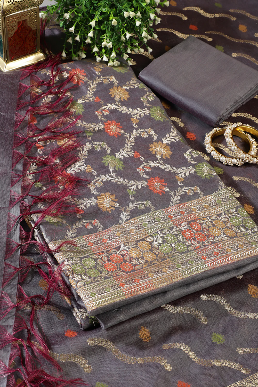 Grey Chanderi Silk Resham And Zari Woven Unstitched Suit Material - Image 4