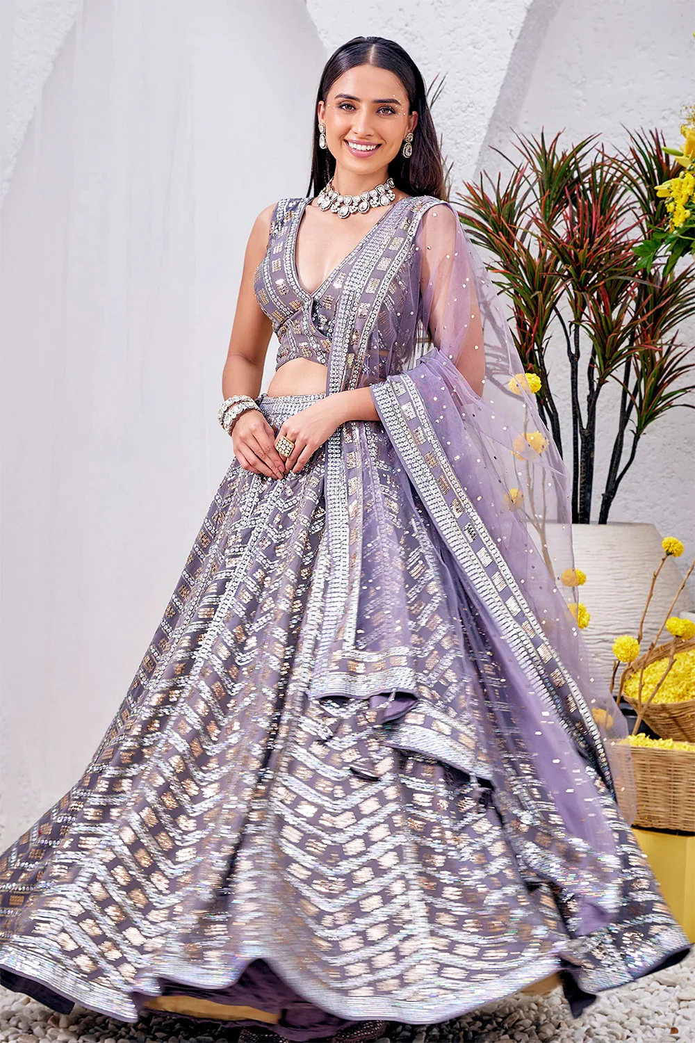 Grey Color Sequins Embroidered Georgette Lehenga - Image 3
