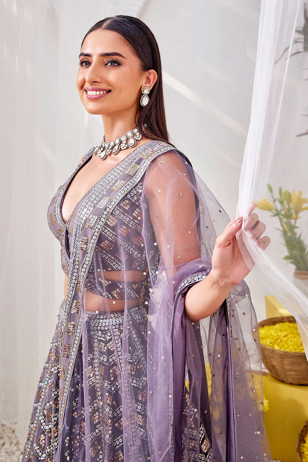 Grey Color Sequins Embroidered Georgette Lehenga - Image 4