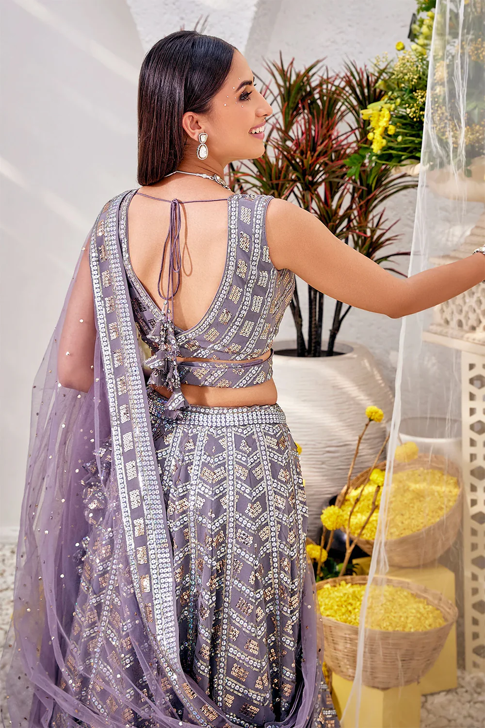 Grey Color Sequins Embroidered Georgette Lehenga - Image 6