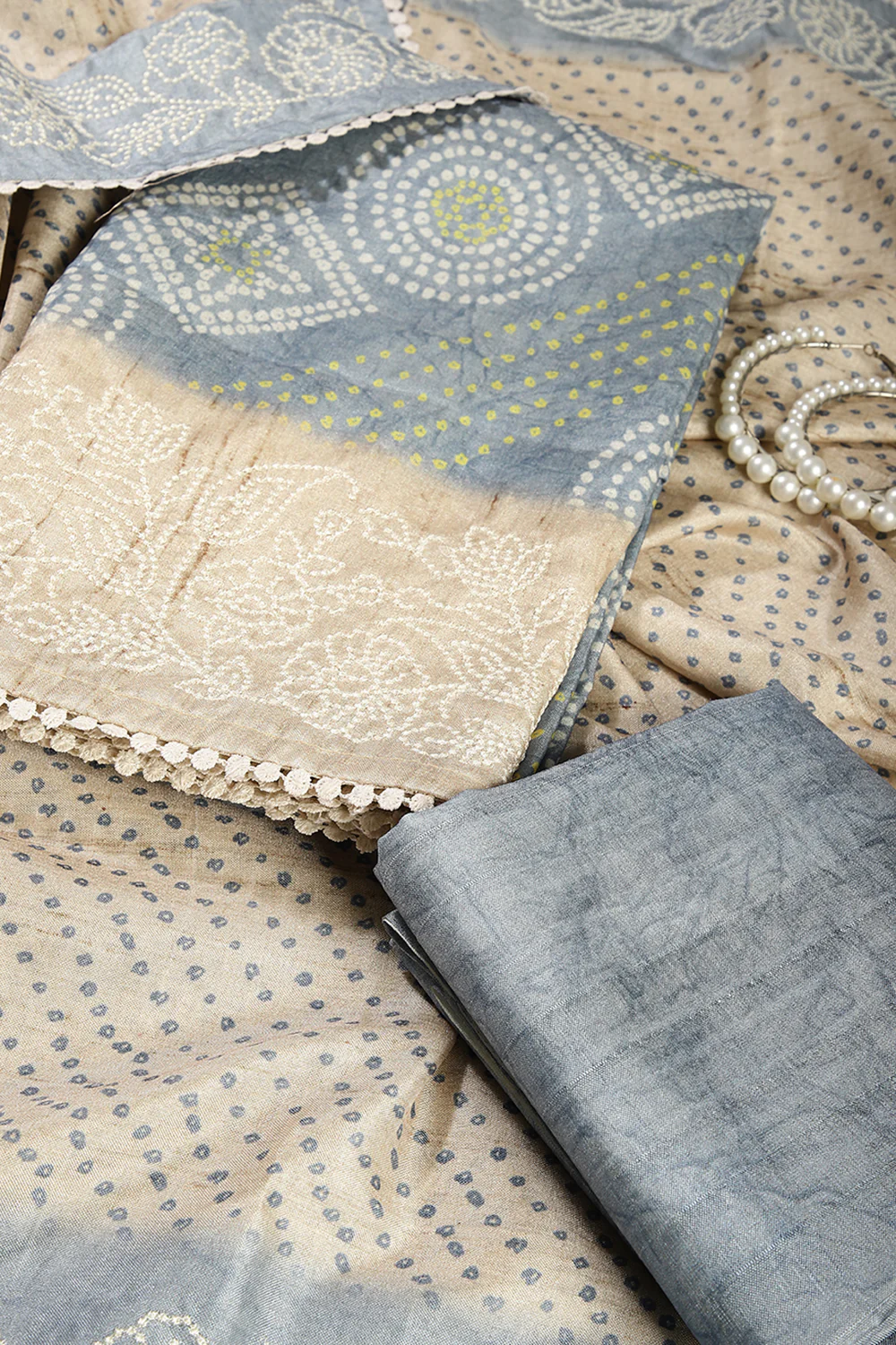 Grey Color Tussar Silk Bandhani Printed Unstitched Suit Material - Image 2