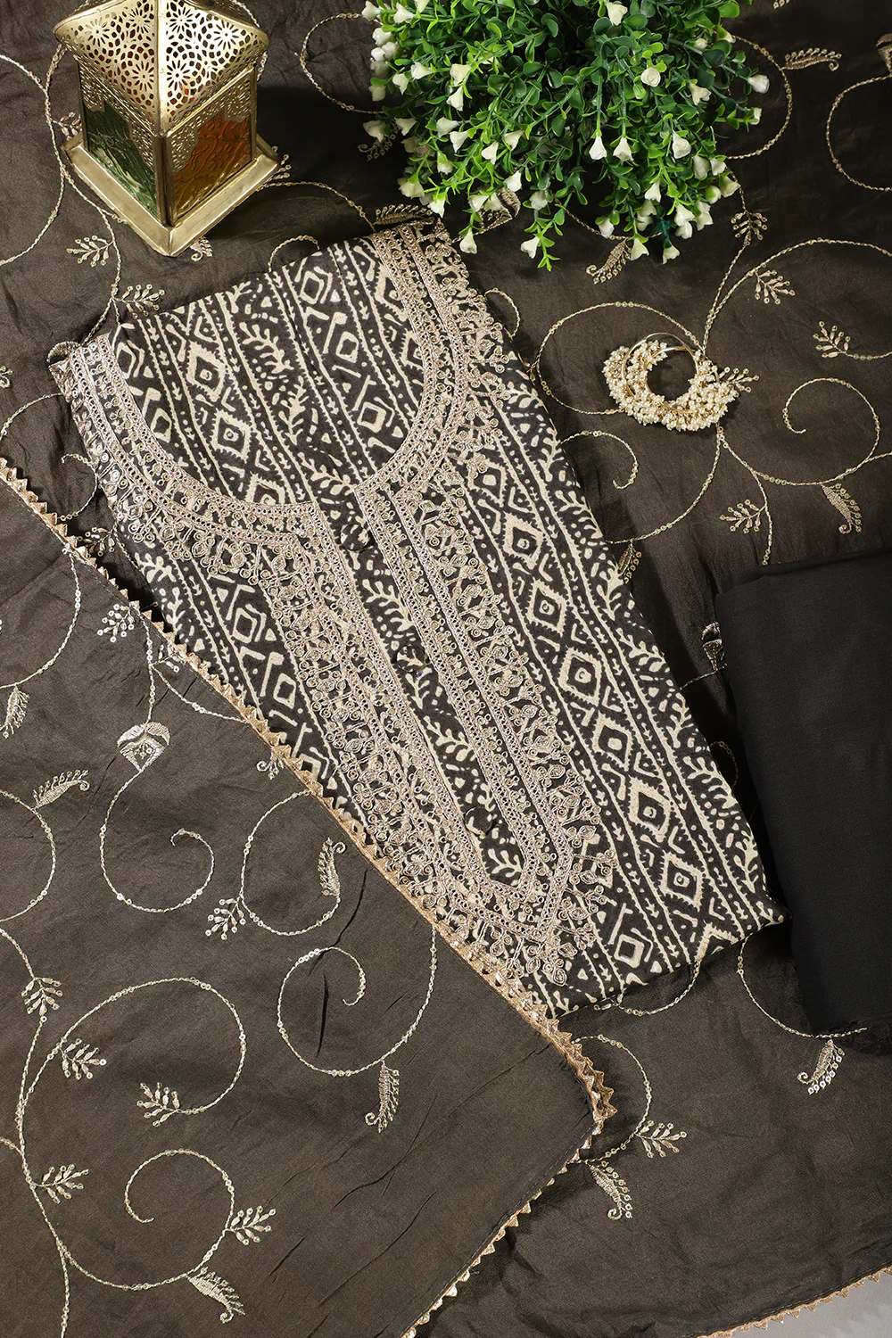 Grey Cotton Digital Printed & Neck Embroidered Unstitched Suit - Image 2