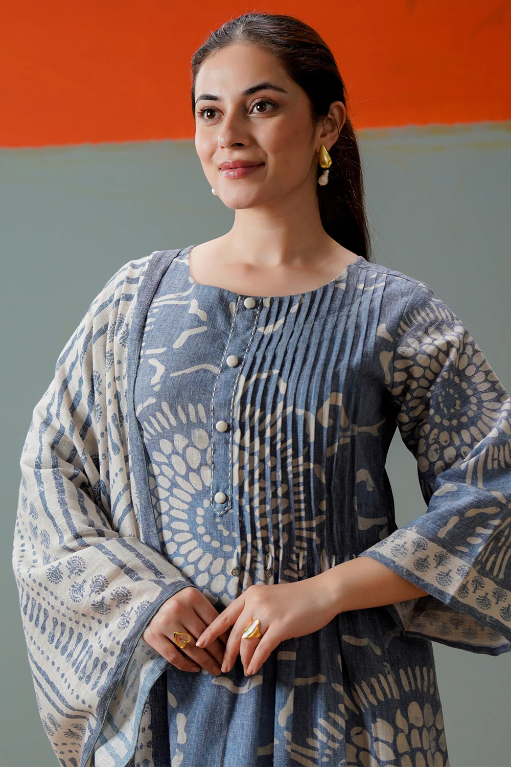 Grey Cotton Floral Printed Suit Set - Image 10