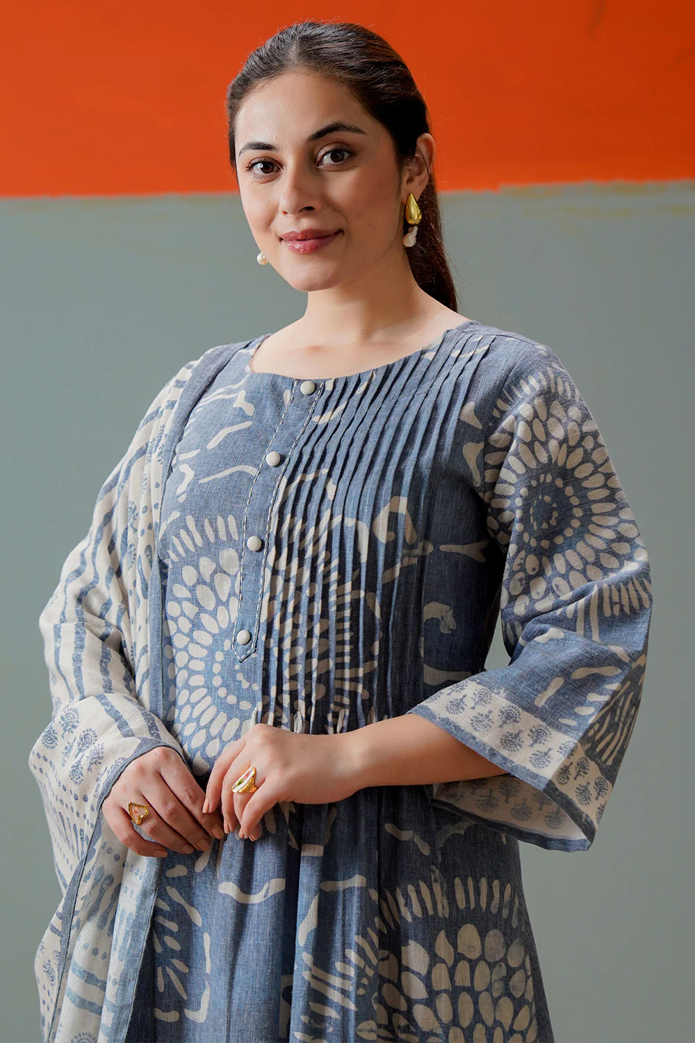 Grey Cotton Floral Printed Suit Set - Image 5