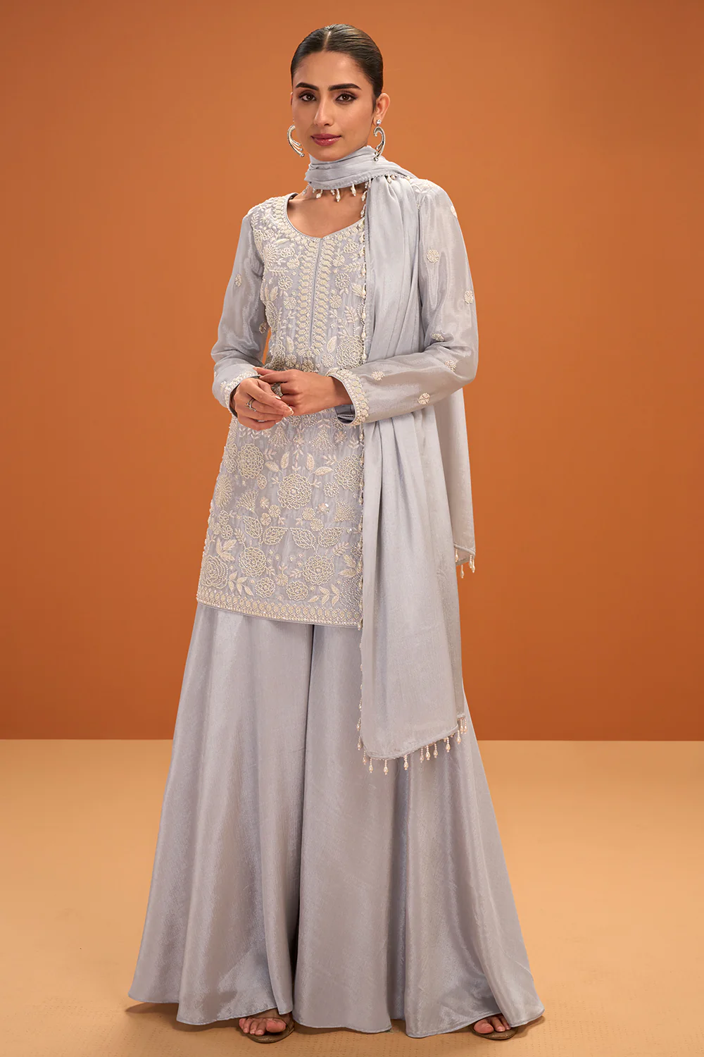 Grey Crepe Silk Cut-Dana and Resham Embroidered Suit with Palazzo