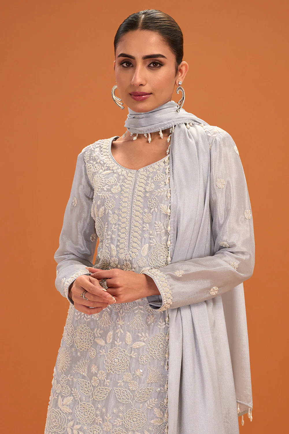 Grey Crepe Silk Cut-Dana and Resham Embroidered Suit with Palazzo - Image 2