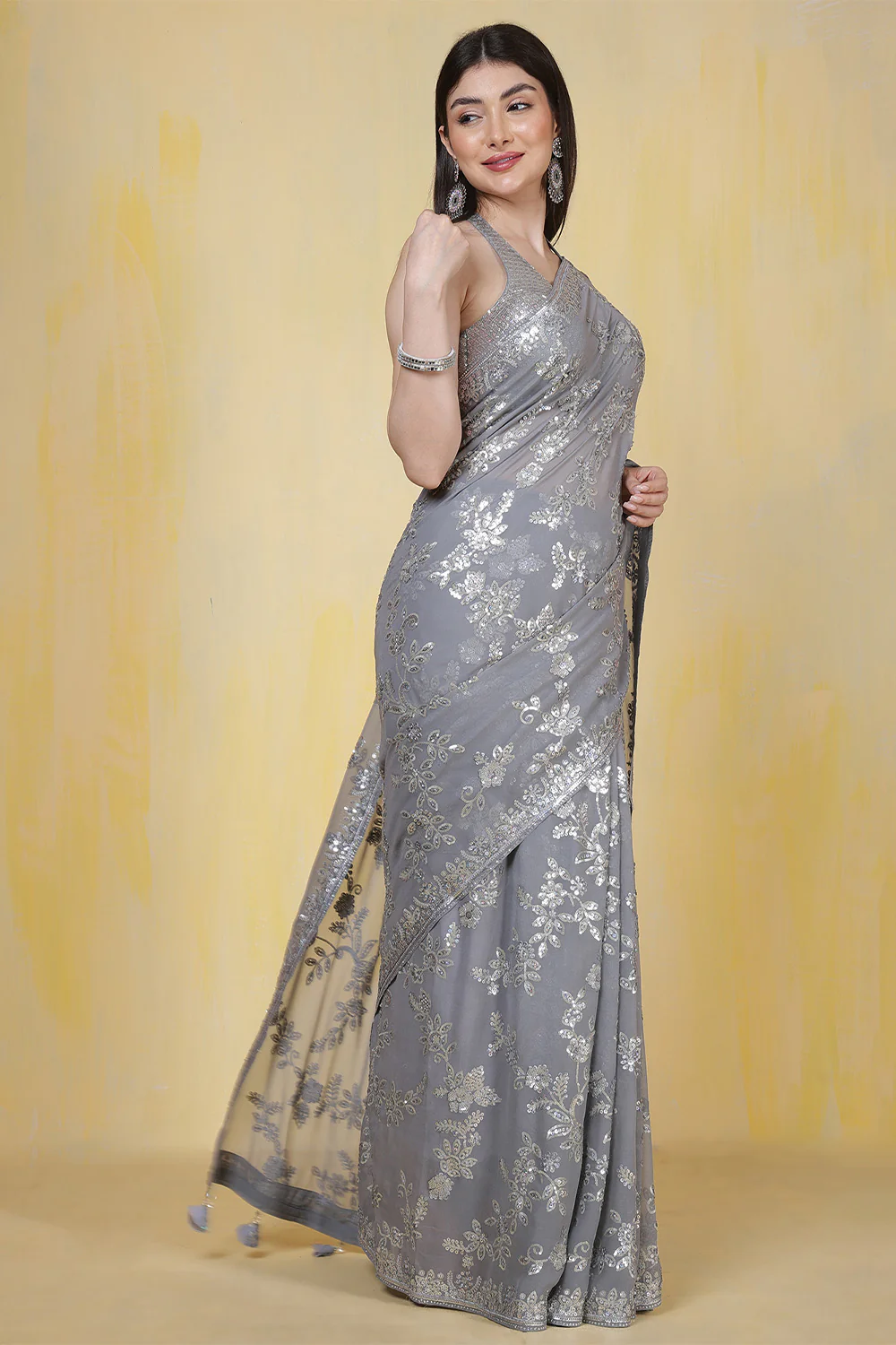 Grey Georgette Sequins Embroidered Saree - Image 5