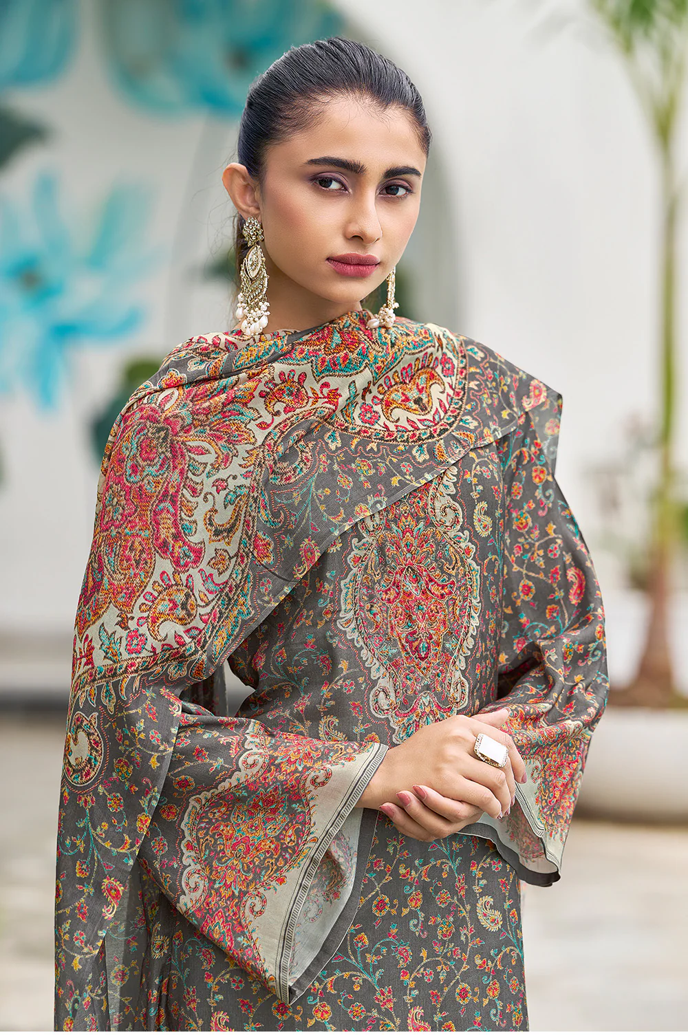 Grey Muslin Floral Printed Unstitched Suit Material - Image 2