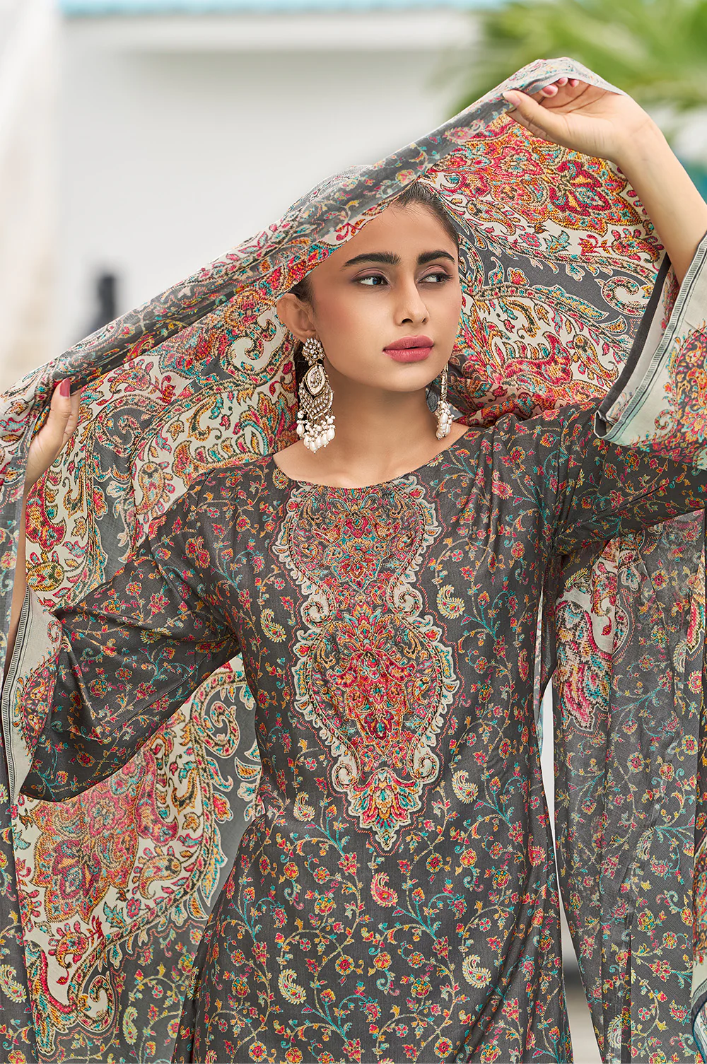 Grey Muslin Floral Printed Unstitched Suit Material - Image 3