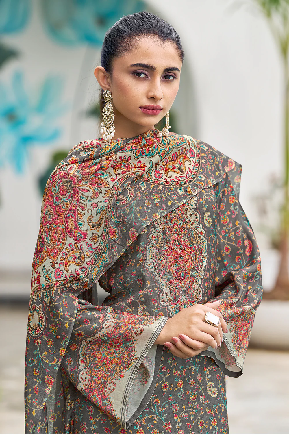Grey Muslin Floral Printed Unstitched Suit Material - Image 4