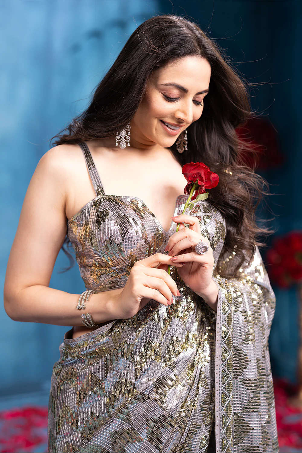 Grey Pure Georgette Sequins Embroidered Saree - Image 8