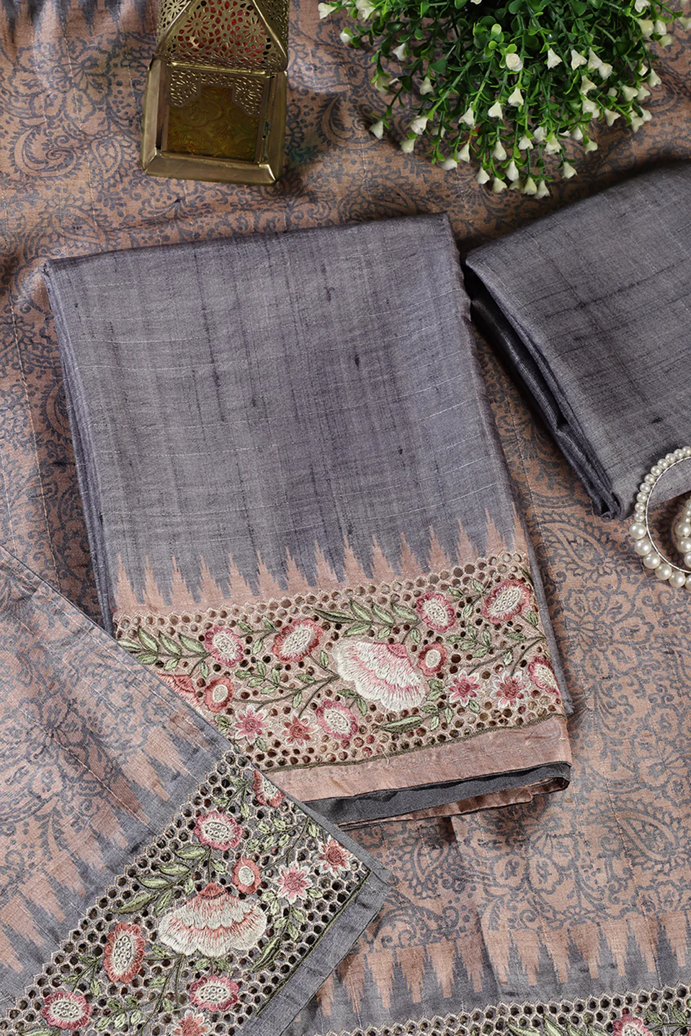 Grey Tussar Cotton Floral Lace Work Unstiched Suit Material - Image 2