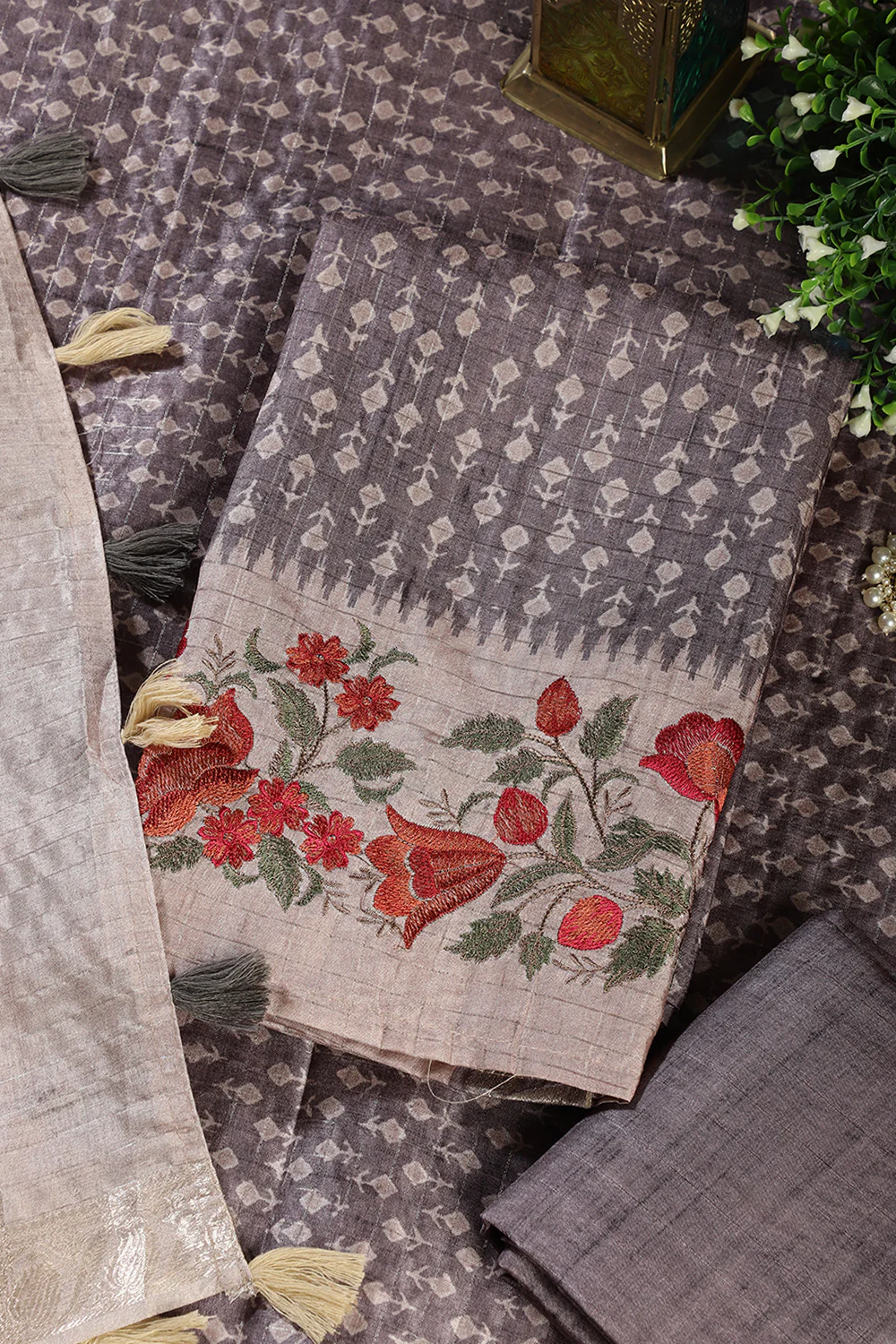 Grey Tussar Cotton Printed And Floral Embroidered Unstiched Suit Material - Image 3