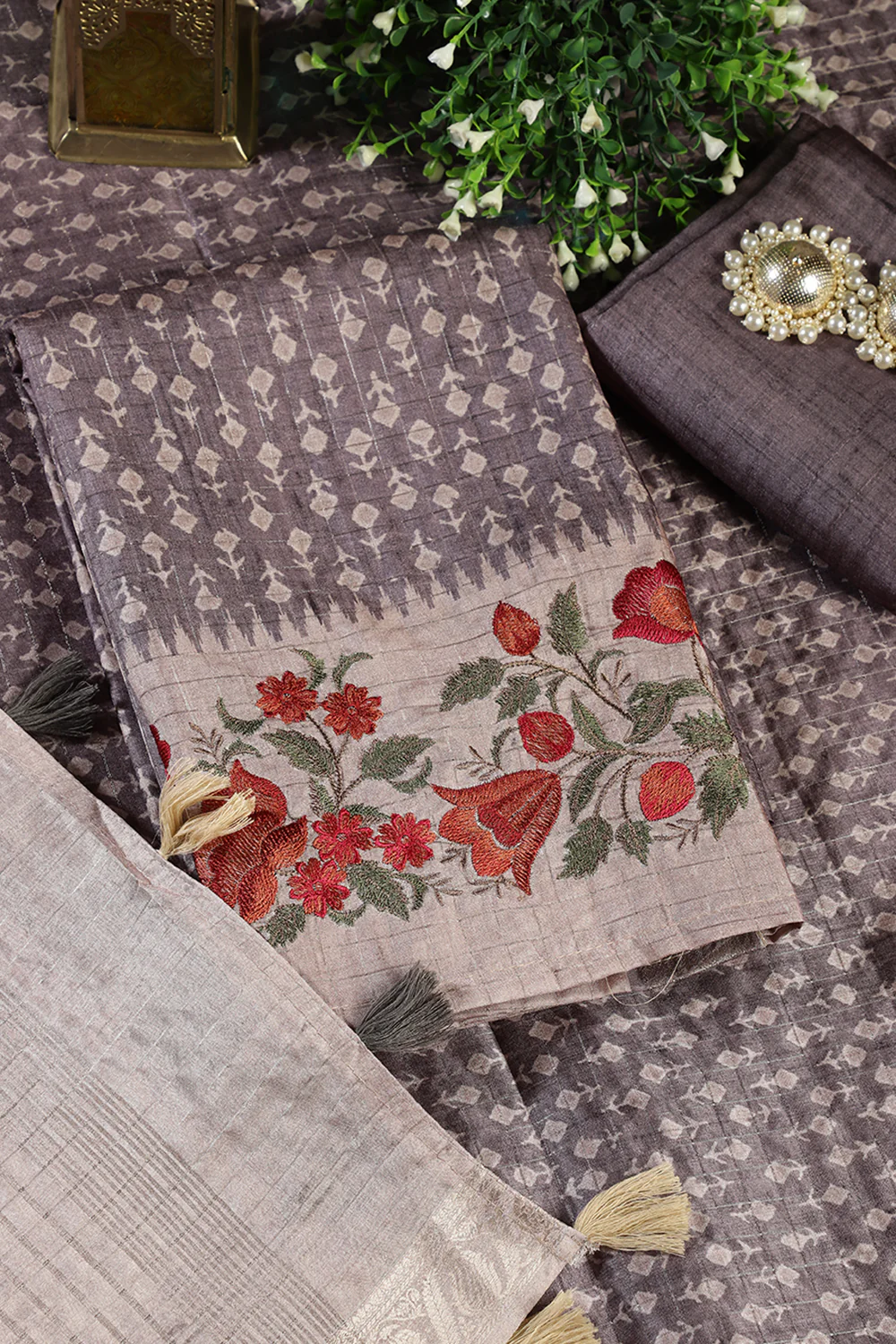 Grey Tussar Cotton Printed And Floral Embroidered Unstiched Suit Material - Image 4