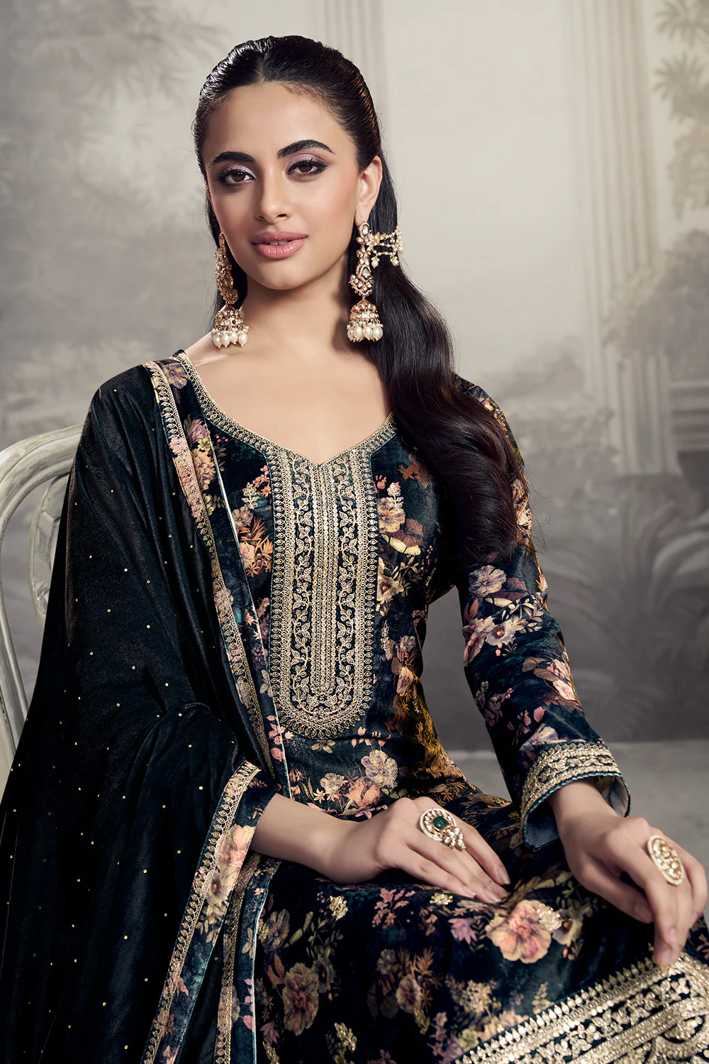 Grey Velvet Floral Printed And Embroidered Unstitched Suit Fabric - Image 2