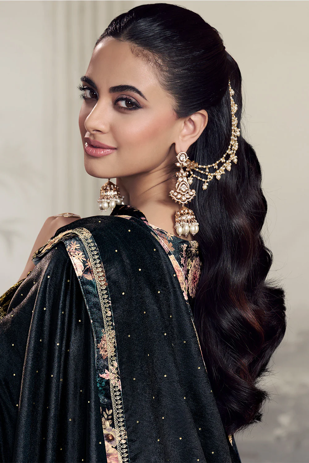 Grey Velvet Floral Printed And Embroidered Unstitched Suit Fabric - Image 3