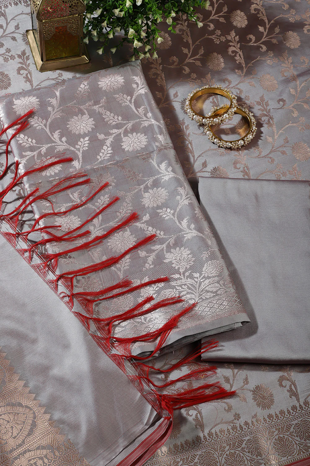 Grey Zari Floral Woven Silk Unstitched Suit Fabric - Image 2