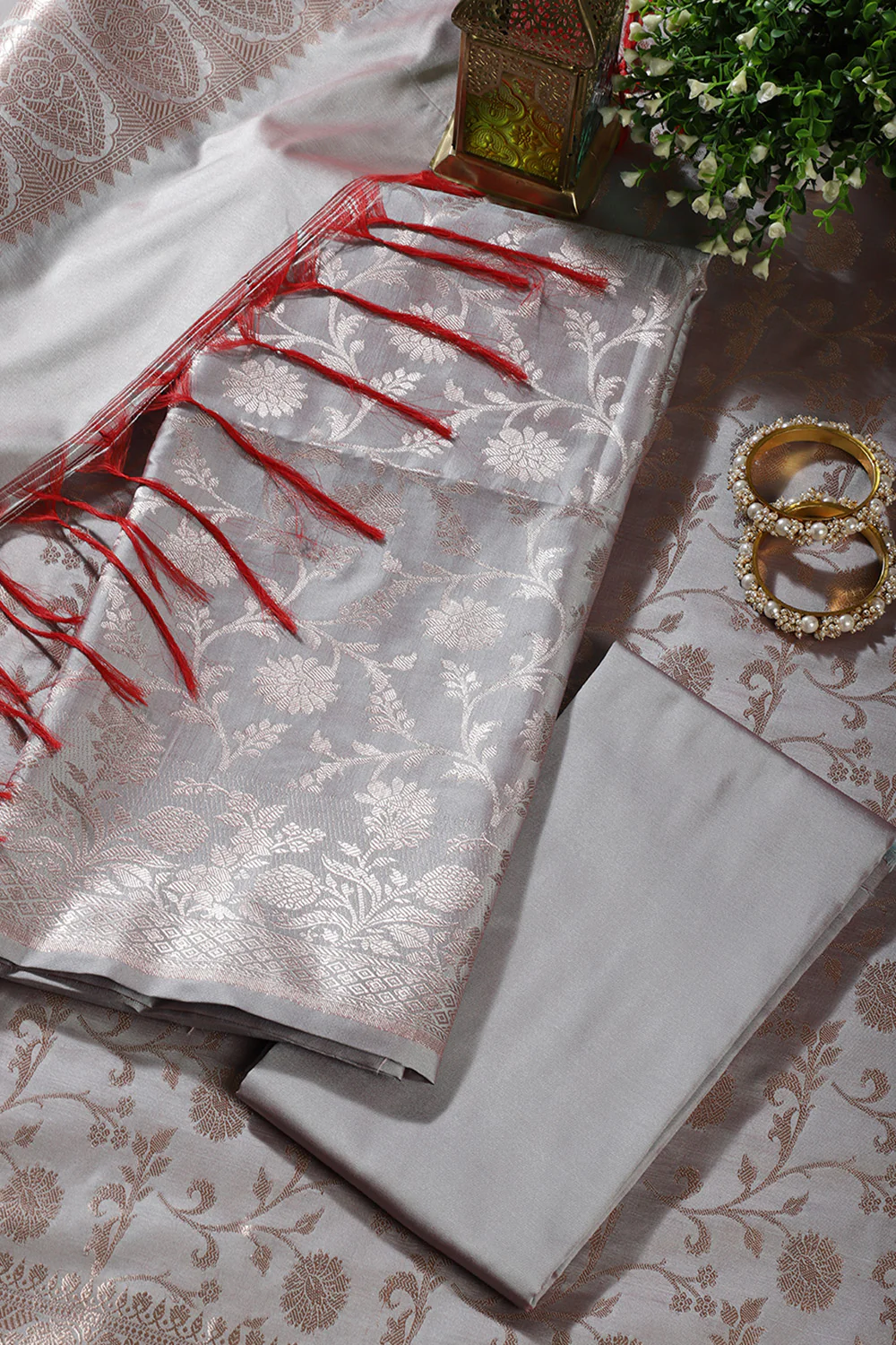 Grey Zari Floral Woven Silk Unstitched Suit Fabric - Image 3