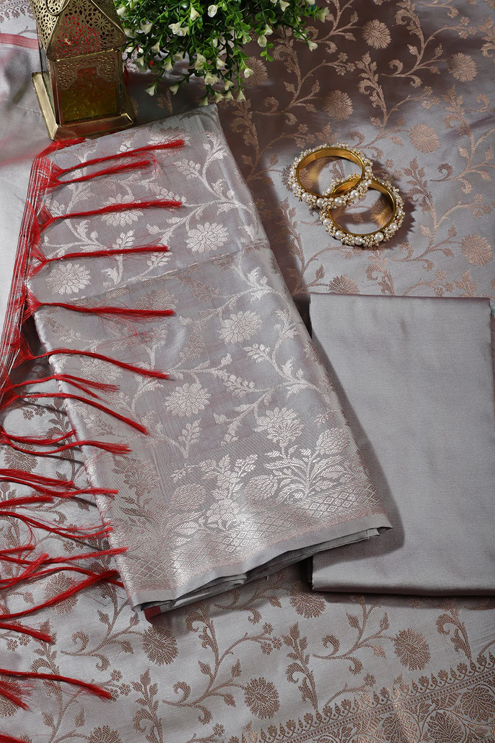 Grey Zari Floral Woven Silk Unstitched Suit Fabric - Image 4