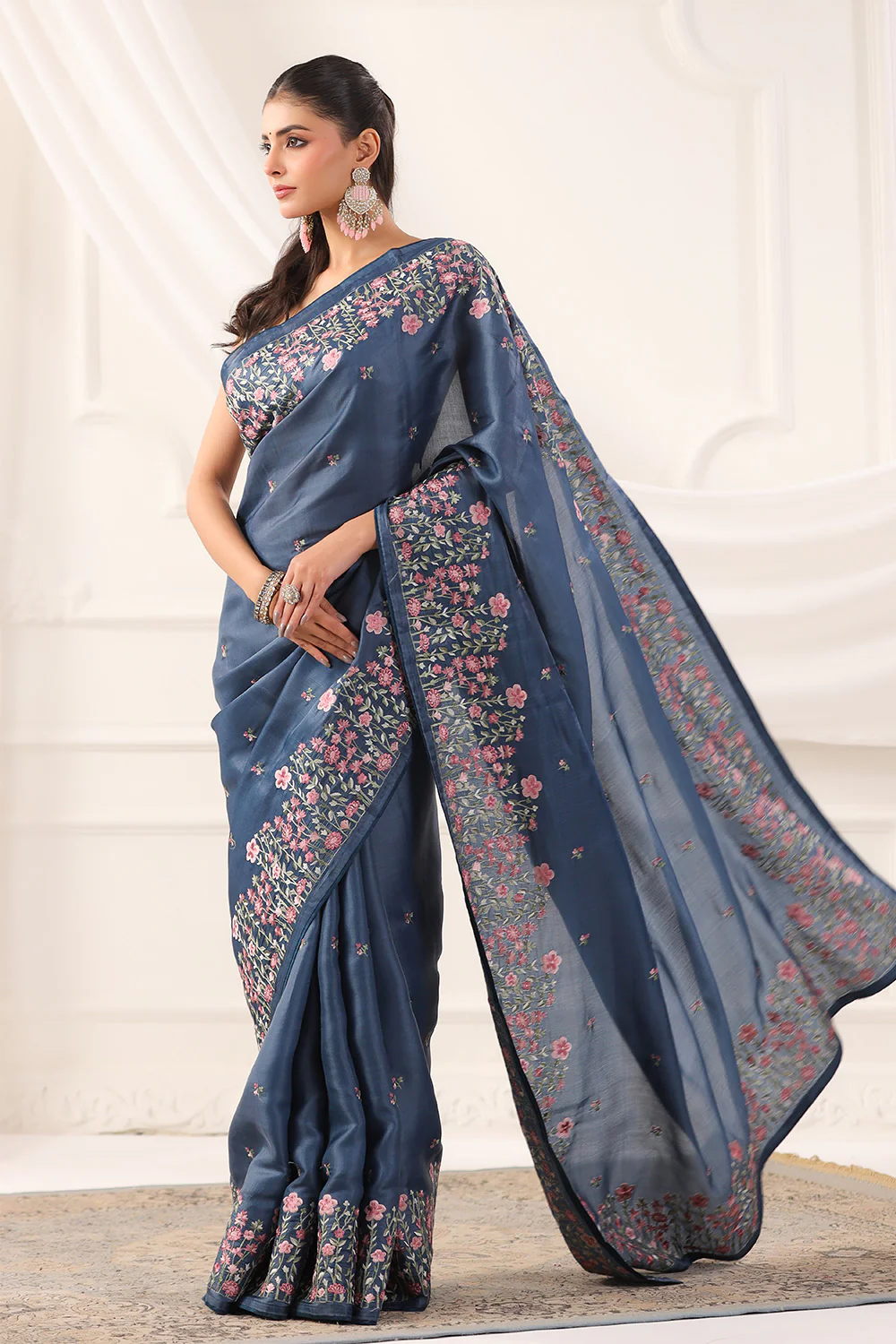 Greyish Blue Tussar Silk Resham Floral Embroidered Saree - Image 11
