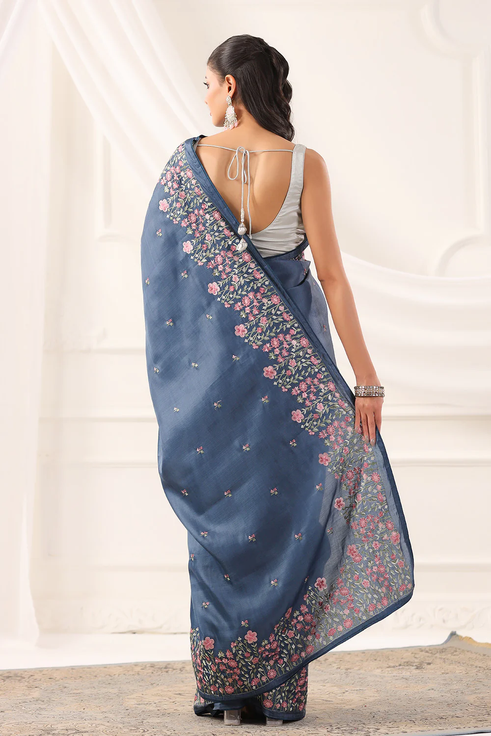 Greyish Blue Tussar Silk Resham Floral Embroidered Saree - Image 12