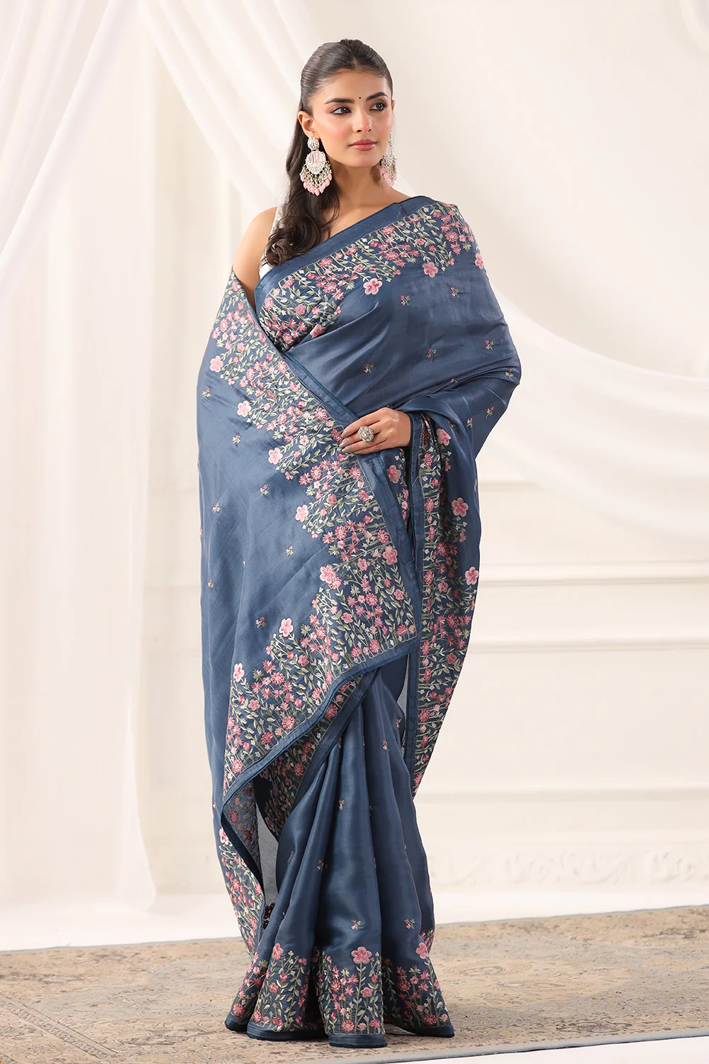 Greyish Blue Tussar Silk Resham Floral Embroidered Saree - Image 5