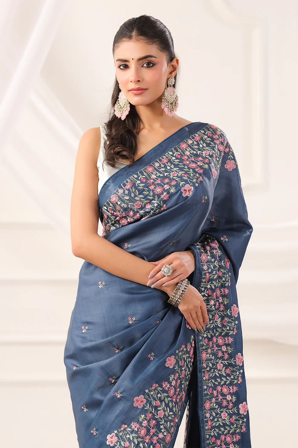 Greyish Blue Tussar Silk Resham Floral Embroidered Saree - Image 6