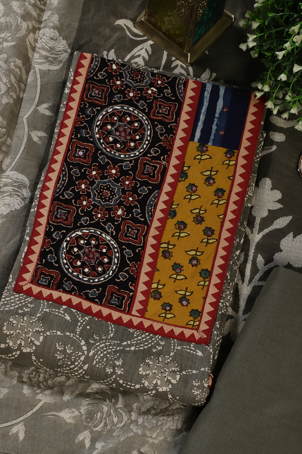 Greyish Green Cotton Printed and Mirror Work Unstitched Suit Material - Image 2