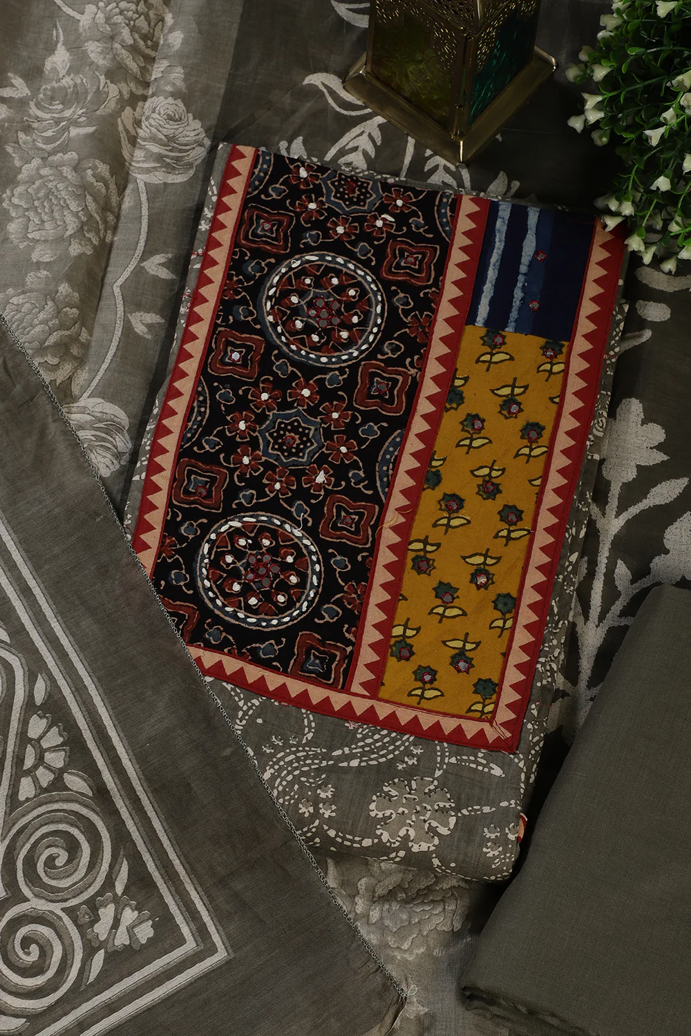 Greyish Green Cotton Printed and Mirror Work Unstitched Suit Material - Image 3