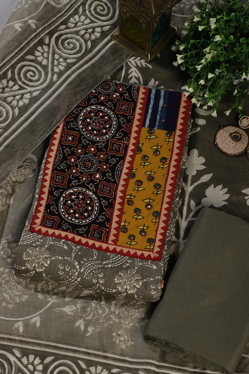 Greyish Green Cotton Printed and Mirror Work Unstitched Suit Material - Image 4